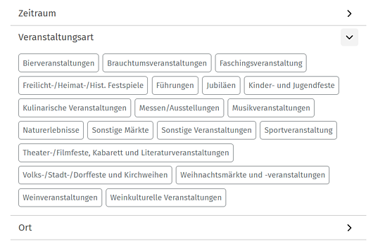 Filtermöglichkeit "Veranstaltungsart" für den Veranstaltungskalender auf www.frankentourismus.de