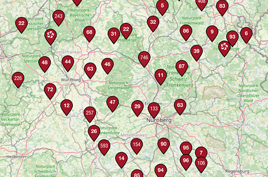 Kartendarstellung des Veranstaltungskalender auf www.frankentourismus.de (Stand 3. Januar 2025)